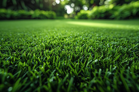 Close up of green grass field with bokeh light background.の写真素材