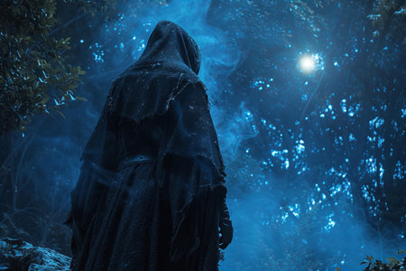 Mysterious figure in the dark forest. Halloween concept image.の写真素材