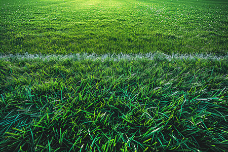 Soccer field with green grass and sunlight. Close-up.の写真素材