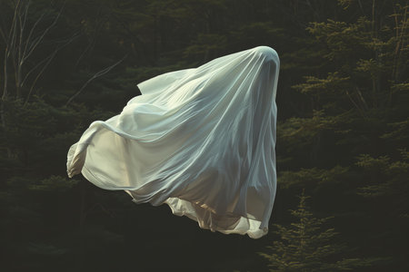 Wedding dress flying in the wind in the dark forest.の写真素材