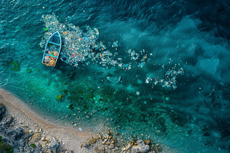 Aerial view of a fishing boat with plastic waste in the seaの写真素材