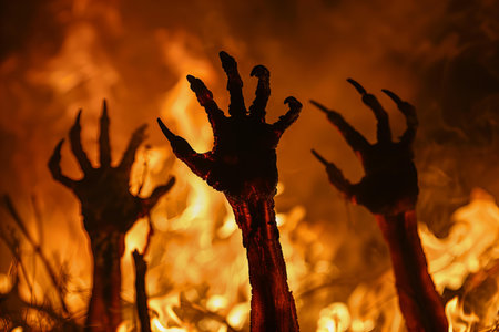 Halloween theme: zombie hands rising from the fire in the nightの写真素材