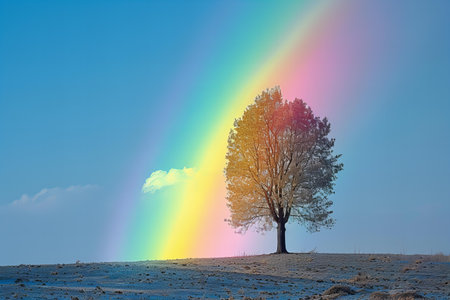 Lonely tree on a snowy field with a rainbow in the backgroundの写真素材