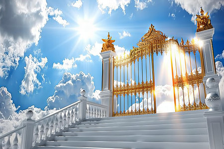 golden gate in the blue sky with sun rays and white stairsの写真素材