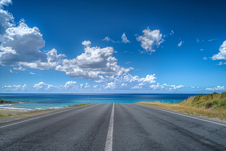 Asphalt road to the sea with blue sky and white clouds.の写真素材
