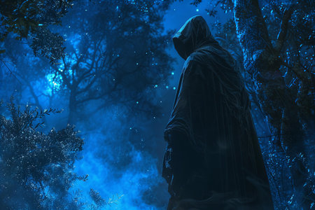 Mysterious dark forest with fog and a man in a hoodの写真素材