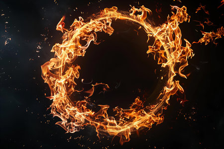 Fire flames with round frame isolated on black background. 3d rendering