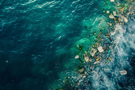 Aerial view of plastic trash in the sea. Pollution conceptの写真素材