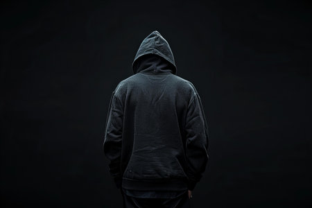 Hooded man in black hoodie standing on dark background.の写真素材