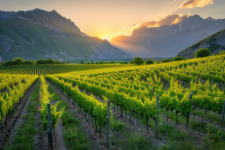 Vineyards in the Lavaux region of Switzerland at sunset.の写真素材
