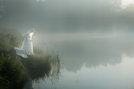A young woman in a long white dress in a foggy lake