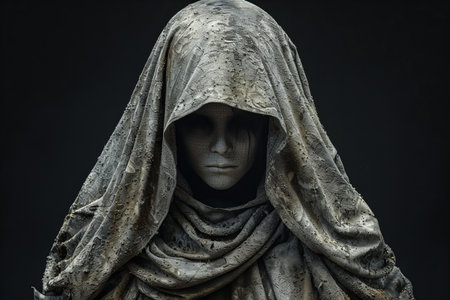 closeup of a statue of a woman in a mourning dress against a dark backgroundの写真素材