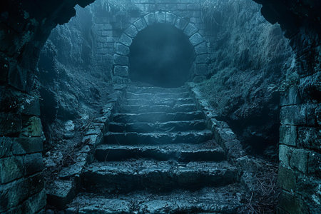 Mysterious ruins of an abandoned mine. Dark corridor with stone stairsの写真素材