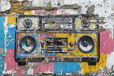 graffiti on the wall of an old house with radio cassette playerの写真素材