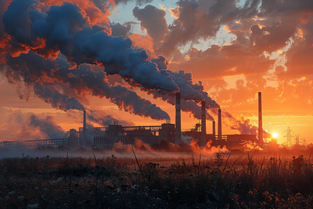 Smoke from the chimney of an industrial plant at sunset.