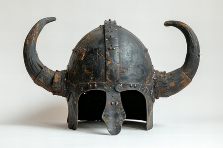 Iron helmet of the medieval knight on a white background, close-upの写真素材