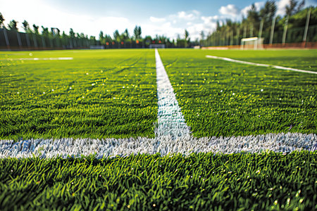 Soccer field with green grass and white marking lines, stock photoの写真素材