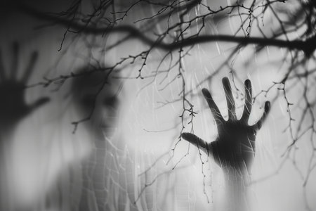 Silhouette of a zombie hand on the background of a tree. Halloween concept.