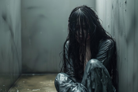 Horror Scene of a Woman in a Raincoat Sitting on the Floor