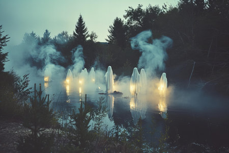 Fountain in a lake with smoke and fog in the morning.の写真素材