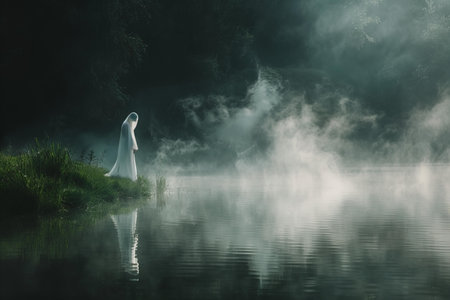 Witch in the misty foggy forest lake. Halloween concept.の写真素材