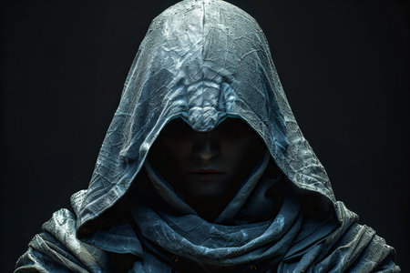 Portrait of a man with a hood on a black background.