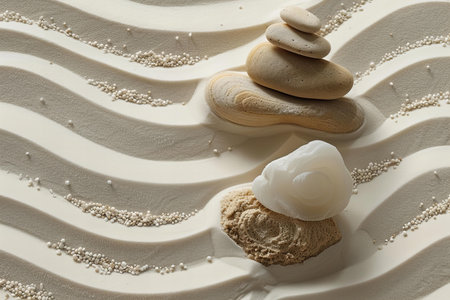 Spa stones and sea shells on white sand background. Zen concept