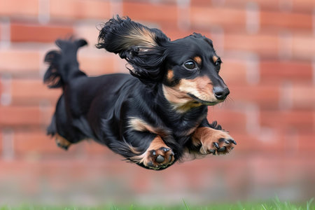 Miniature Dachshund dog outdoors in the nature on grassの写真素材
