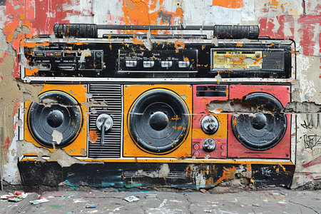 Vintage radio on the wall of an abandoned building, close-upの写真素材