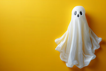 Halloween ghost on yellow background. Copy space for your text.の写真素材