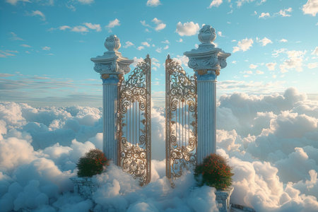 Fantasy landscape with clouds and gate. 3d render illustration.の写真素材