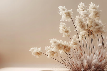Dry reed bouquet on beige background with copy spaceの写真素材