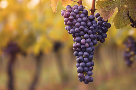 Bunch of ripe grapes on vineyard in autumn, closeup