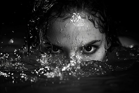 Portrait of a beautiful young woman in water. Black and white photo.の写真素材