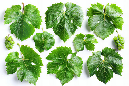 Green grape leaves isolated on white background. Flat lay, top view