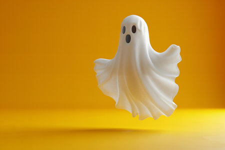 Halloween ghost isolated on yellow background. Copy space for text.の写真素材