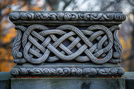 Celtic pattern on a stone fence in the park, close-upの写真素材