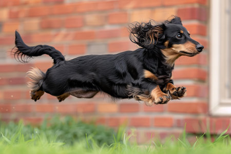 Miniature Dachshund jumping in the air in front of a brick wallの写真素材
