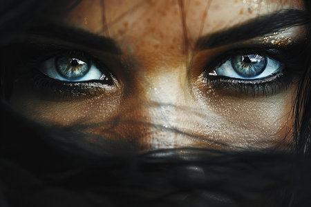 Close-up portrait of a beautiful young woman with blue eyes.の写真素材