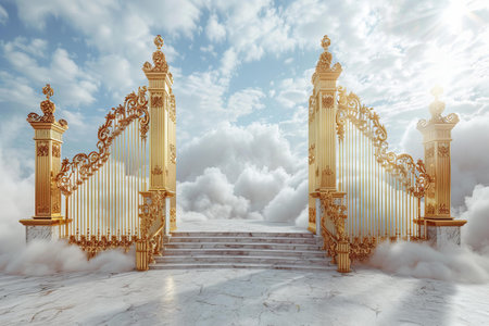 Golden gate in the sky with clouds. 3d render illustration.の写真素材