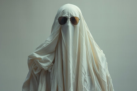Scary ghost with sunglasses and white cloth isolated on grey background.の写真素材