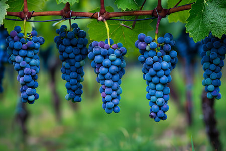 Bunches of red wine grapes in vineyard, close upの写真素材