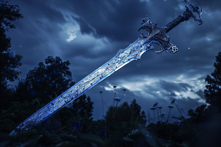 Sword in the grass at night with dark sky background. 3d renderingの写真素材