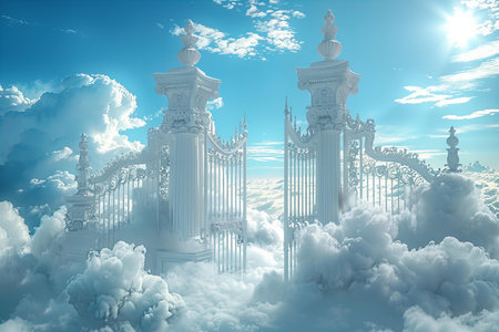 Fantasy landscape with a fantasy gate in the clouds. 3d renderの写真素材