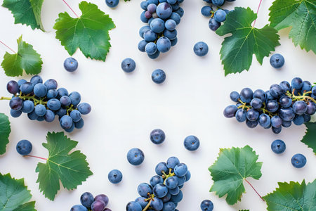 Bunch of blue grapes on white background. Flat lay, top view.の写真素材