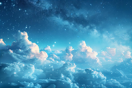 Mystical blue sky with clouds and stars. 3D renderingの写真素材