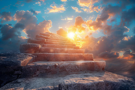 Stairs leading to the heaven. 3D render. Beautiful sky.の写真素材