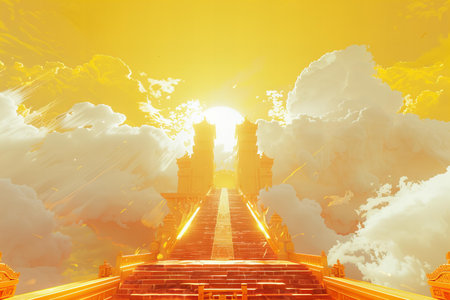 3d illustration of a stairway leading to a temple in the skyの写真素材