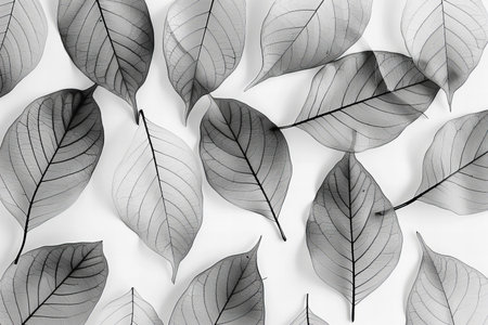 Black and white leaves pattern on white background. Minimal nature concept.の写真素材