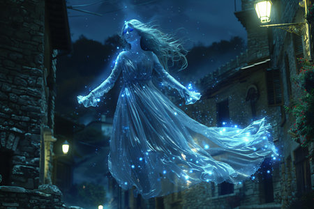 Fairy tale girl in the city at night. Fairy tale.の写真素材